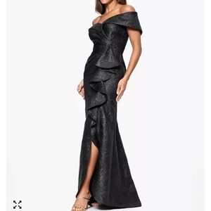 Xscape Black Asymmetrical Off-Shoulder Dress *85*